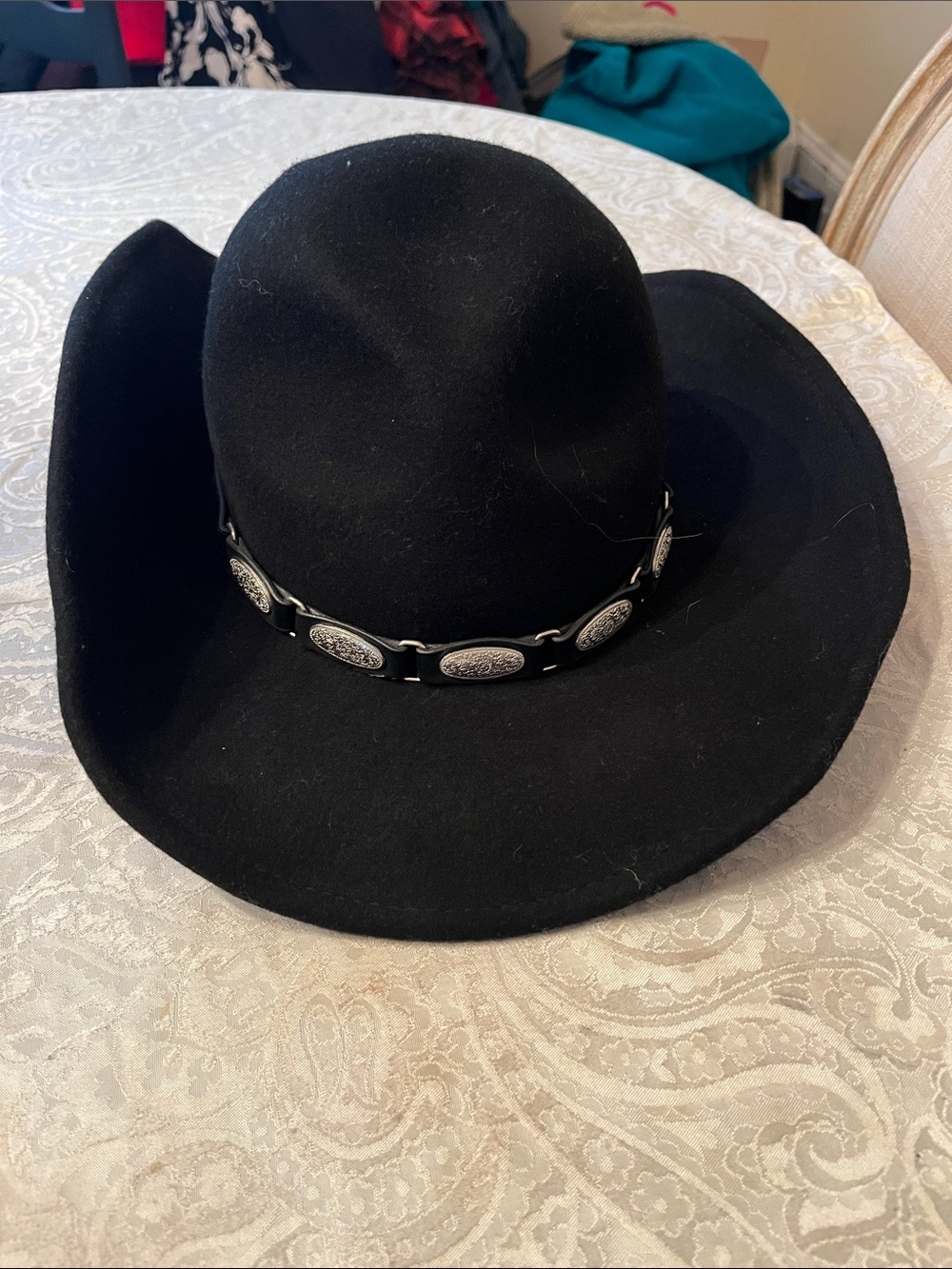 Scala Black Wool Felt Western Hat Fedora with Concho Band in EUC